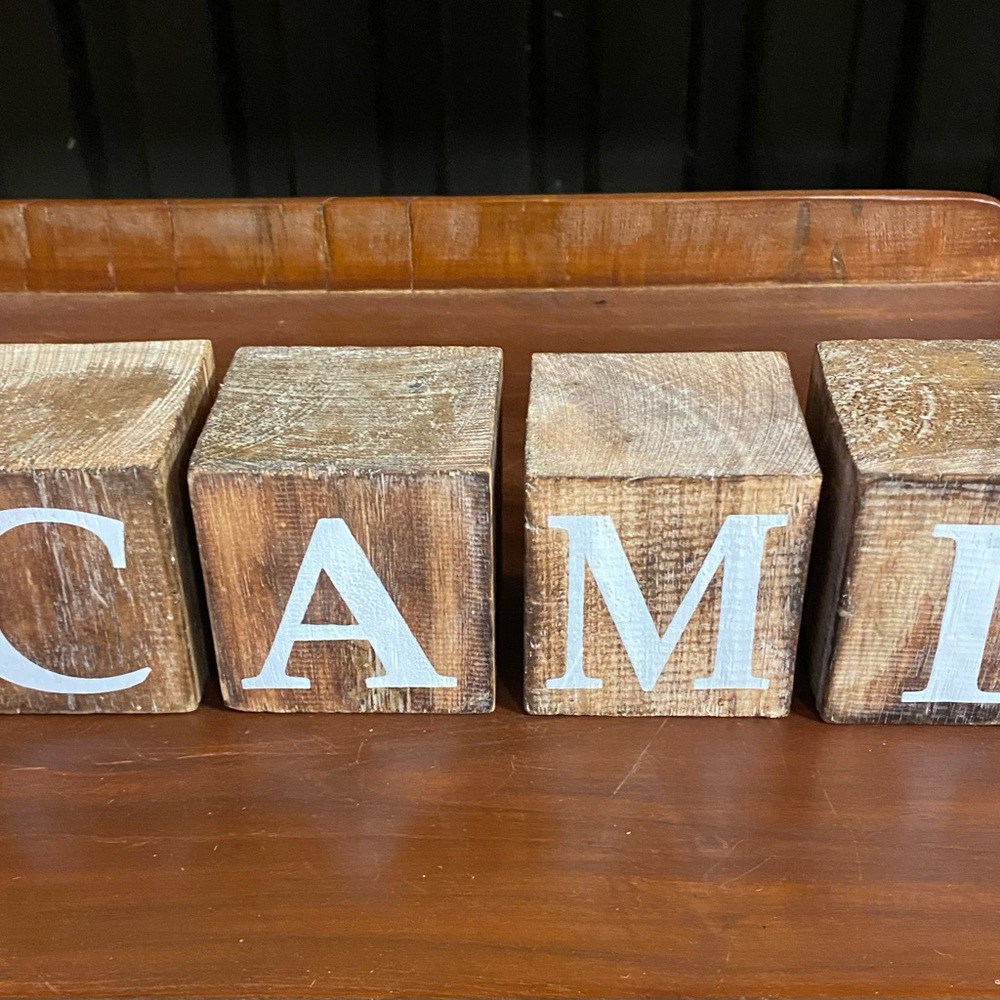 CAMP Sign Wooden Blocks Cottage Decor Handpainted Distressed 2” Cube New